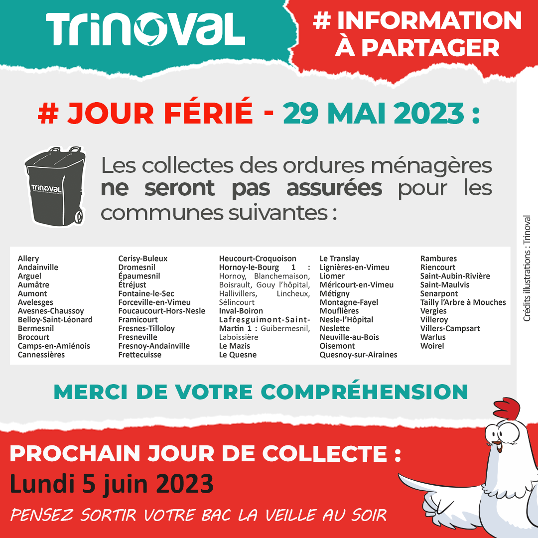Jour férié - Collecte OM - 29 mai 2023